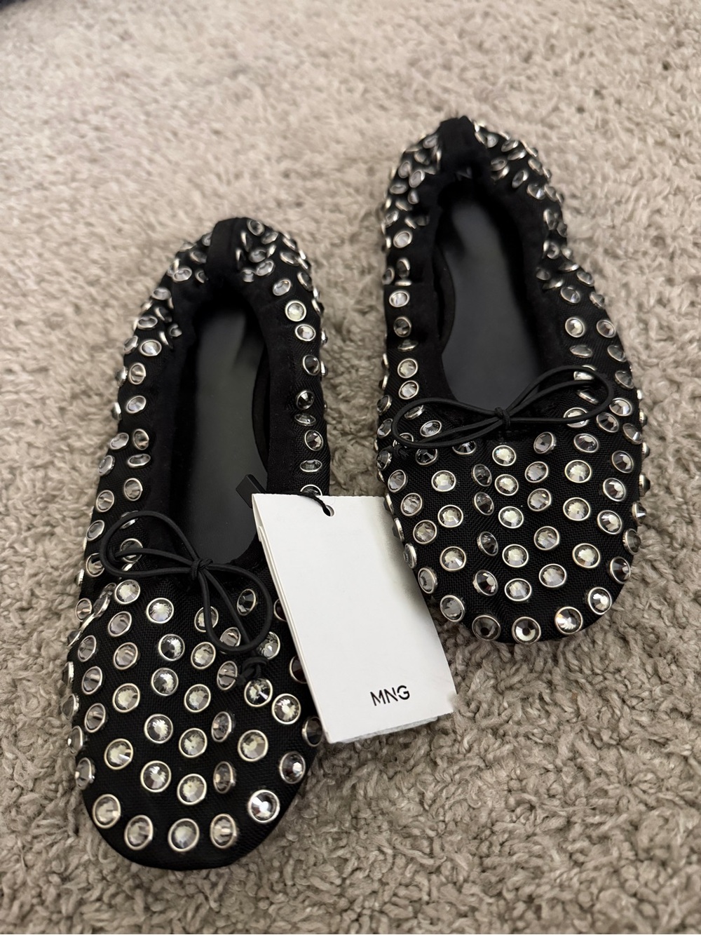 Mango Black Crystal-Studded Ballet Flats
